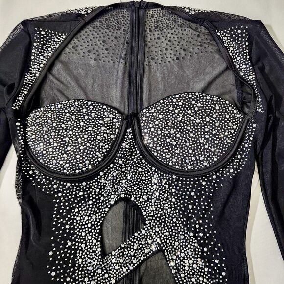 Deja Vu Dress Size M Long Sleeve Sheer Cutout Formal Dress Black High Slit Gems - Picture 8 of 13